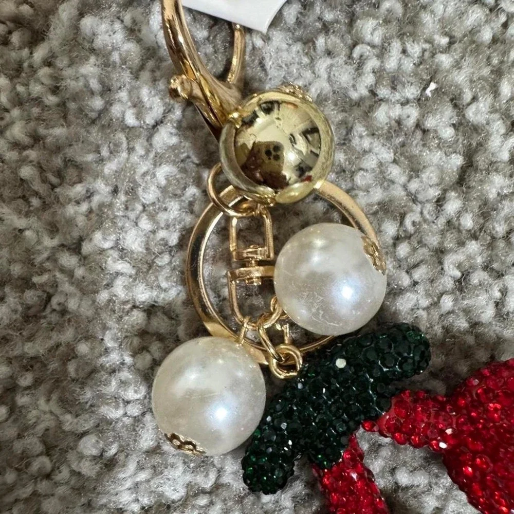 Cherry Keychain or Charm with Pearl & Bell Details